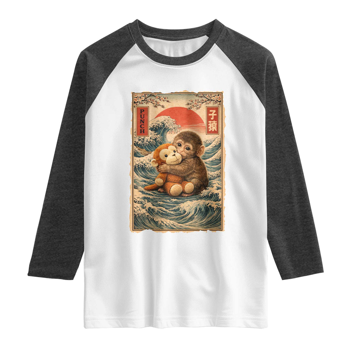 Kawaii Baby Monkey Punch Raglan Shirt Vintage Japanese Graphic Cute Macaque Ukiyo-e TS10 White Heather Charcoal Print Your Wear