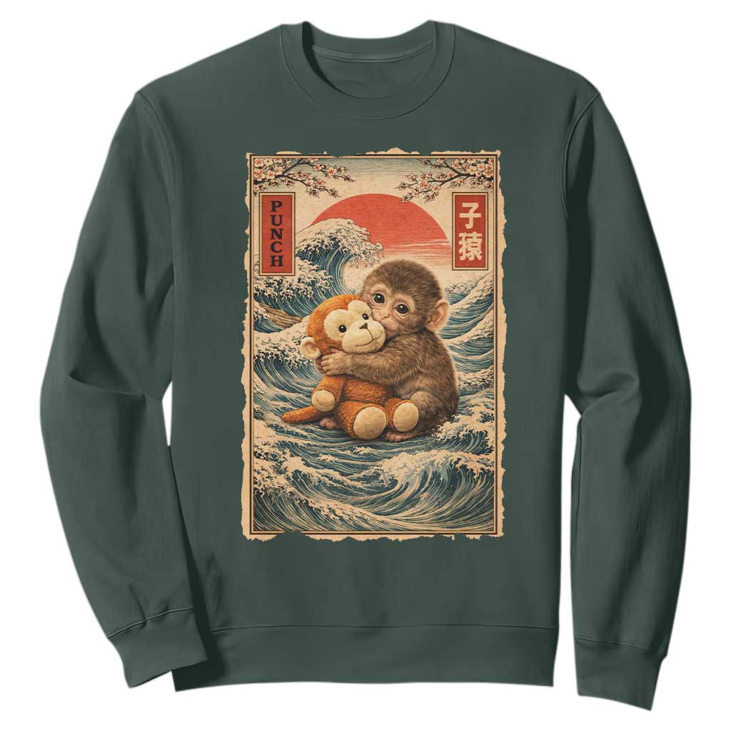Kawaii Baby Monkey Punch Sweatshirt Vintage Japanese Graphic Cute Macaque Ukiyo-e TS10 Dark Forest Green Print Your Wear