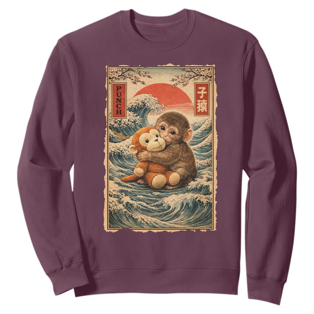 Kawaii Baby Monkey Punch Sweatshirt Vintage Japanese Graphic Cute Macaque Ukiyo-e TS10 Maroon Print Your Wear