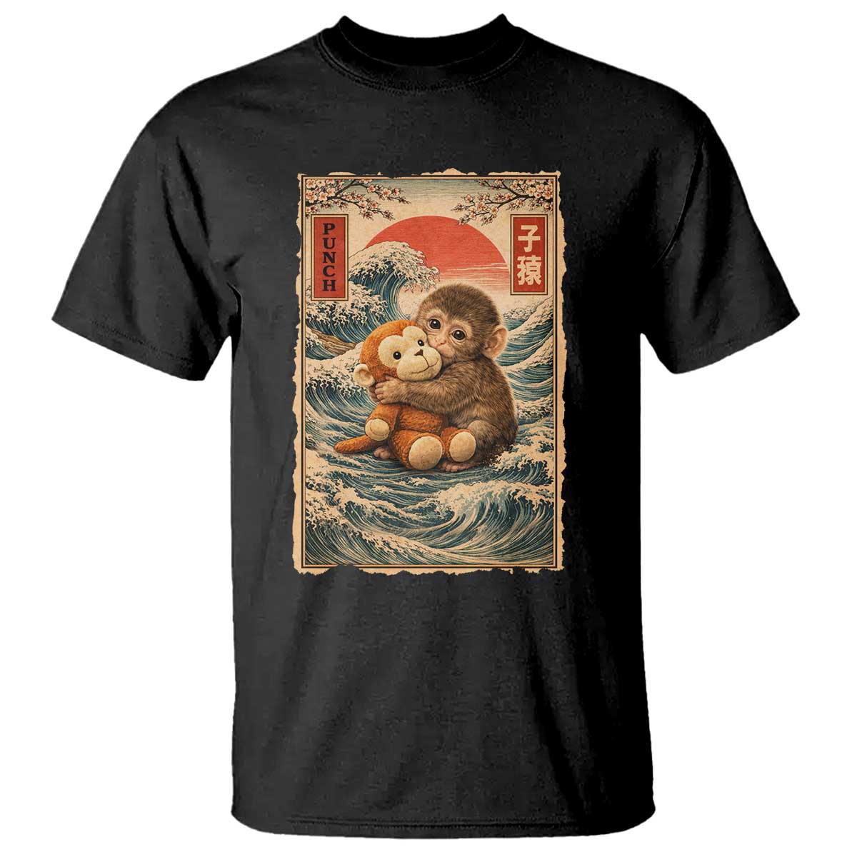 Kawaii Baby Monkey Punch T Shirt Vintage Japanese Graphic Cute Macaque Ukiyo-e TS10 Black Print Your Wear