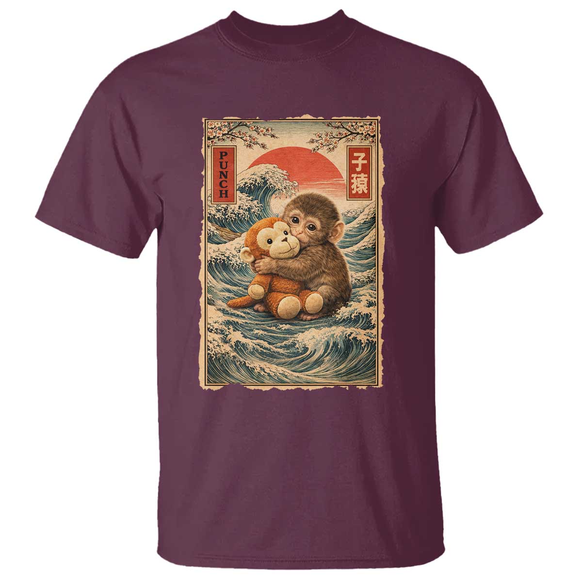 Kawaii Baby Monkey Punch T Shirt Vintage Japanese Graphic Cute Macaque Ukiyo-e TS10 Maroon Print Your Wear