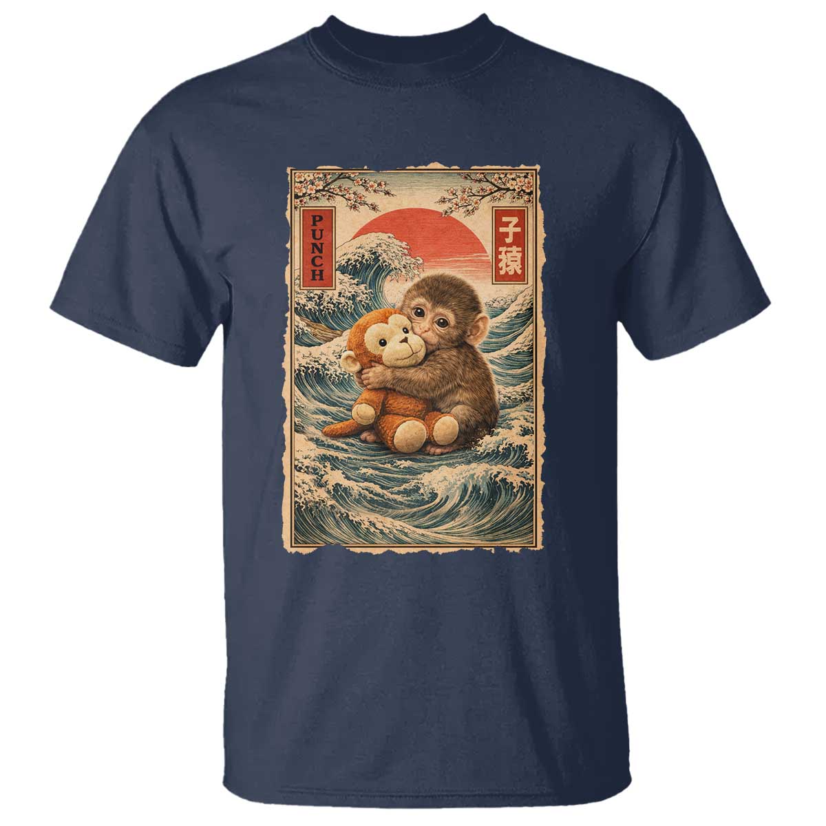 Kawaii Baby Monkey Punch T Shirt Vintage Japanese Graphic Cute Macaque Ukiyo-e TS10 Navy Print Your Wear