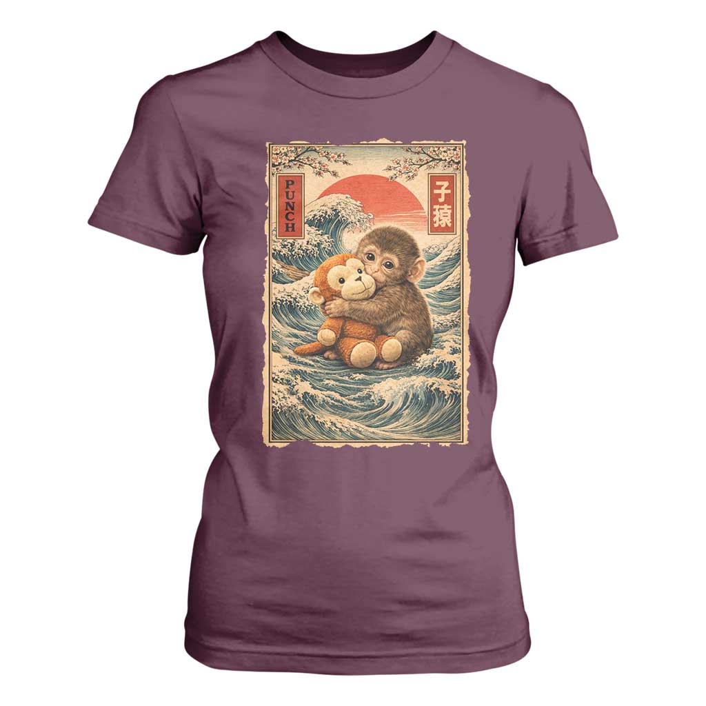 Kawaii Baby Monkey Punch T Shirt For Women Vintage Japanese Graphic Cute Macaque Ukiyo-e TS10 Maroon Print Your Wear