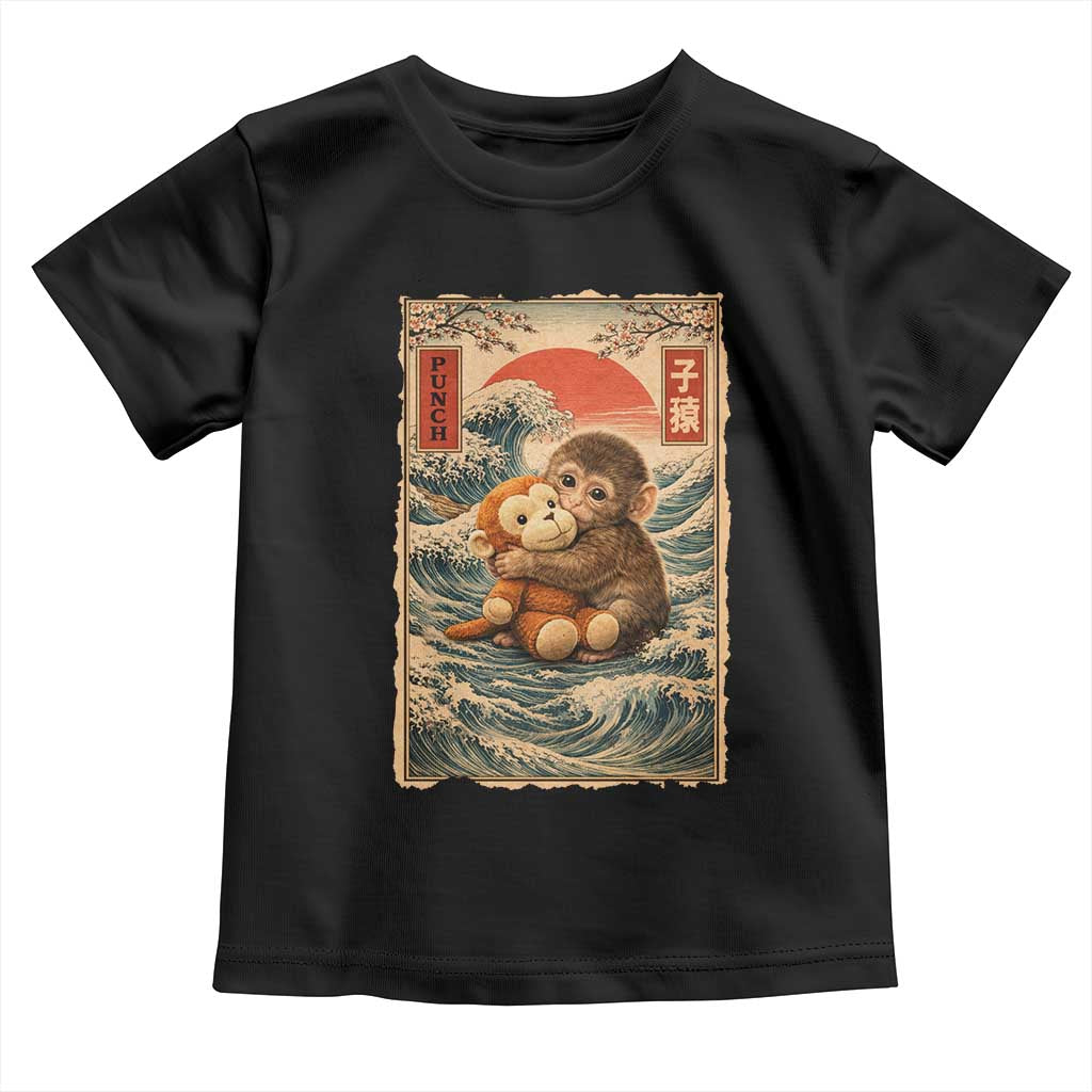 Kawaii Baby Monkey Punch Toddler T Shirt - Vintage Japanese Graphic Cute Macaque Ukiyo-e TS10 Black Print Your Wear