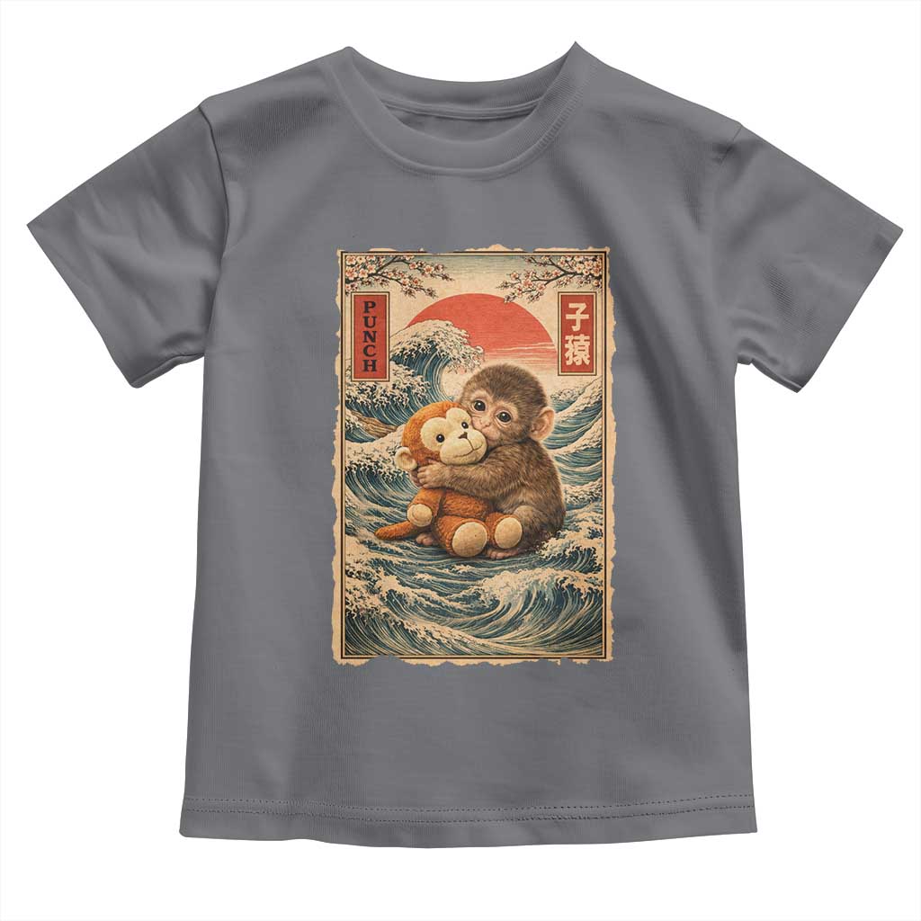 Kawaii Baby Monkey Punch Toddler T Shirt - Vintage Japanese Graphic Cute Macaque Ukiyo-e TS10 Charcoal Print Your Wear