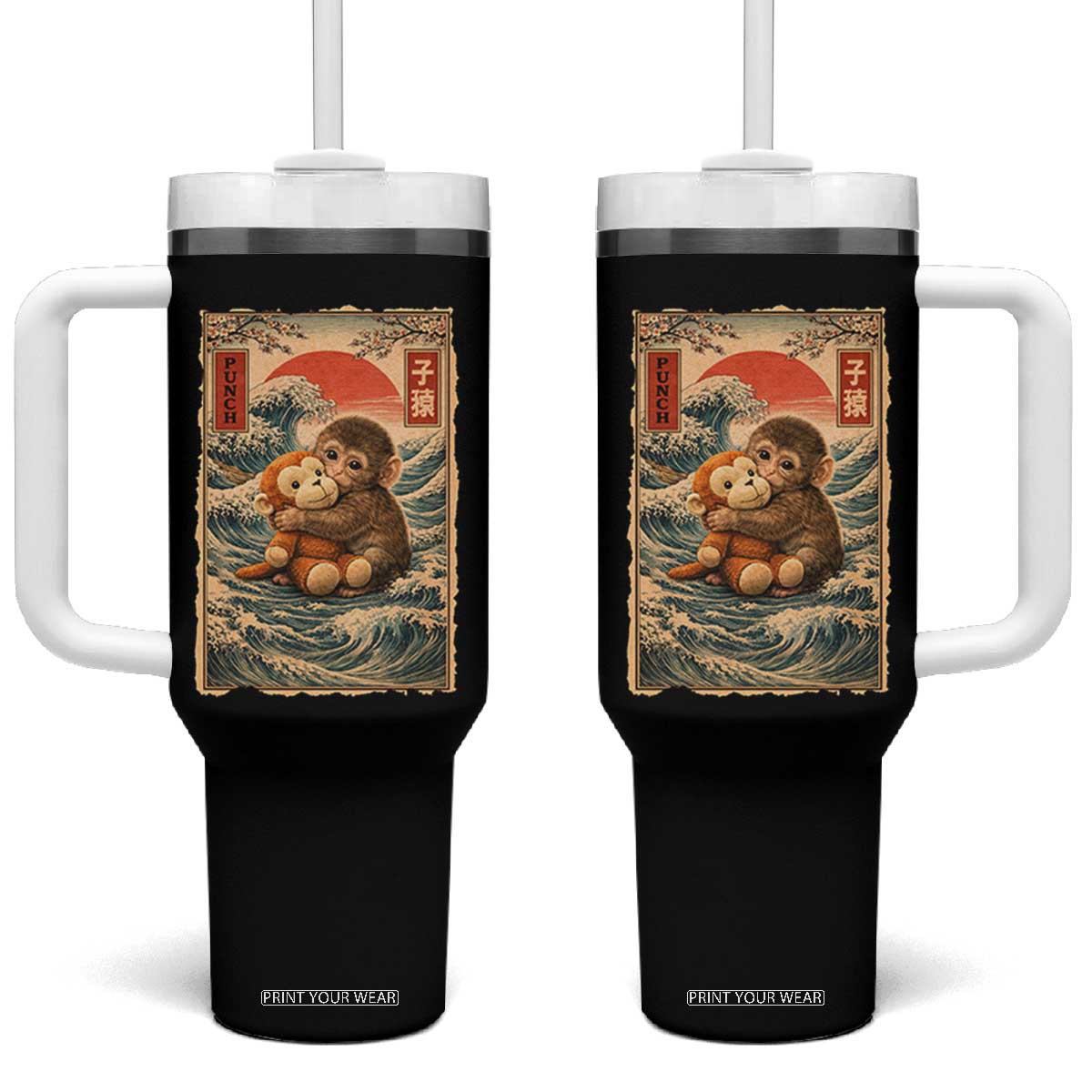 Kawaii Baby Monkey Punch Tumbler With Handle Vintage Japanese Graphic Cute Macaque Ukiyo-e TS10 One Size: 40 oz Black Print Your Wear