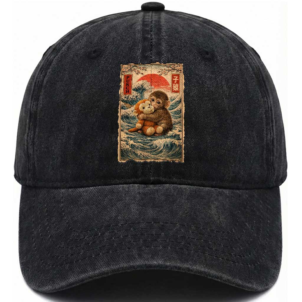 Kawaii Baby Monkey Punch Washed Cotton Baseball Cap Vintage Japanese Graphic Cute Macaque Ukiyo-e TS10 Print Your Wear