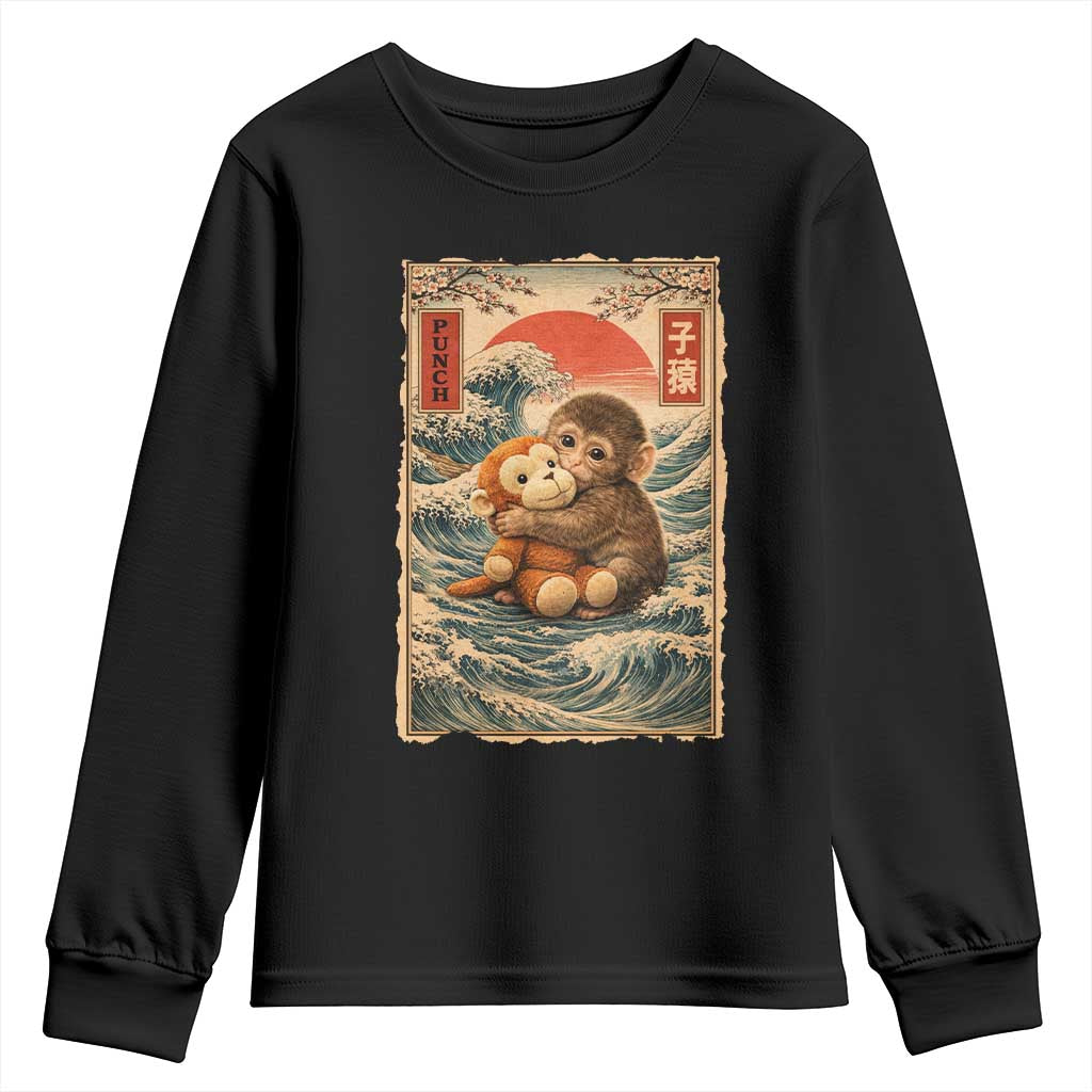Kawaii Baby Monkey Punch Youth Sweatshirt Vintage Japanese Graphic Cute Macaque Ukiyo-e TS10 Black Print Your Wear