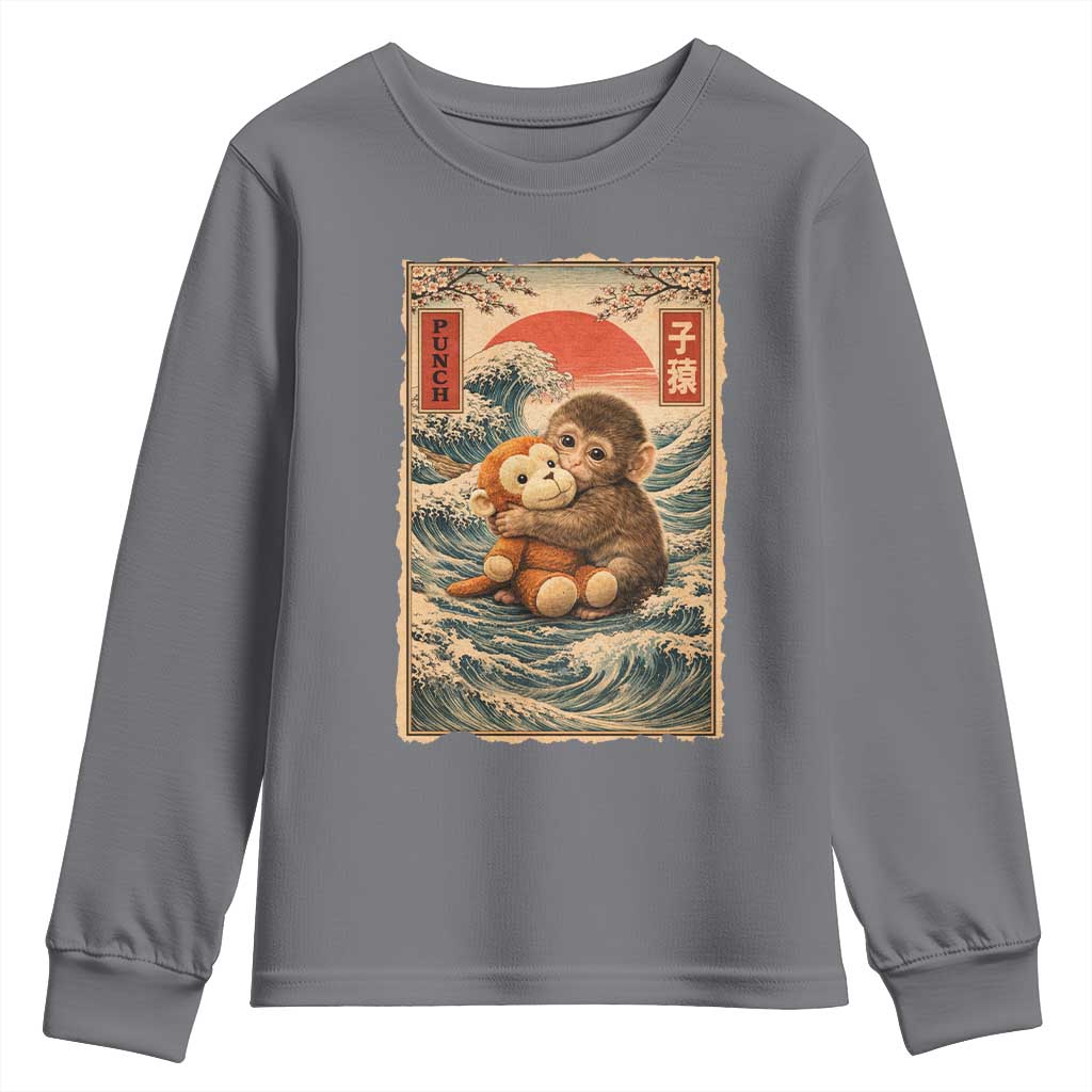 Kawaii Baby Monkey Punch Youth Sweatshirt Vintage Japanese Graphic Cute Macaque Ukiyo-e TS10 Charcoal Print Your Wear