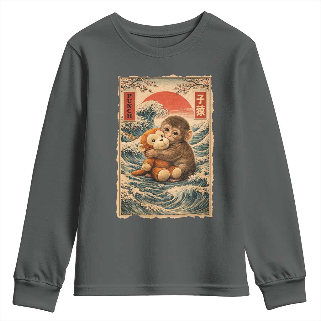 Kawaii Baby Monkey Punch Youth Sweatshirt Vintage Japanese Graphic Cute Macaque Ukiyo-e TS10 Dark Heather Print Your Wear