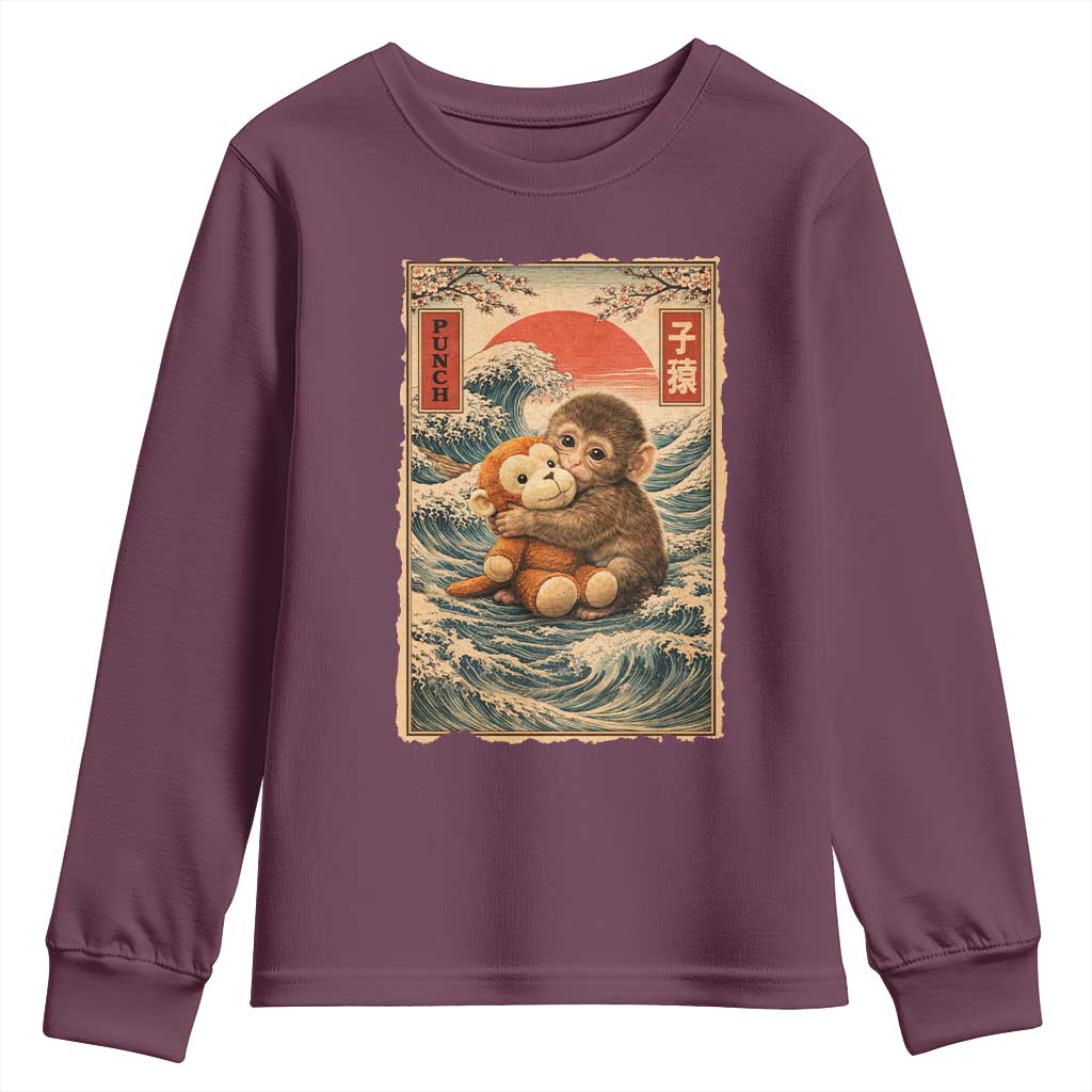 Kawaii Baby Monkey Punch Youth Sweatshirt Vintage Japanese Graphic Cute Macaque Ukiyo-e TS10 Maroon Print Your Wear