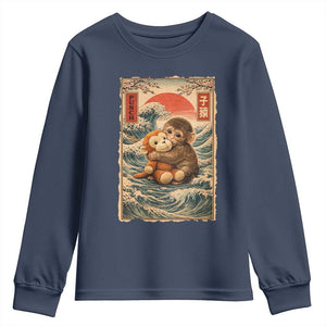 Kawaii Baby Monkey Punch Youth Sweatshirt Vintage Japanese Graphic Cute Macaque Ukiyo-e TS10 Navy Print Your Wear