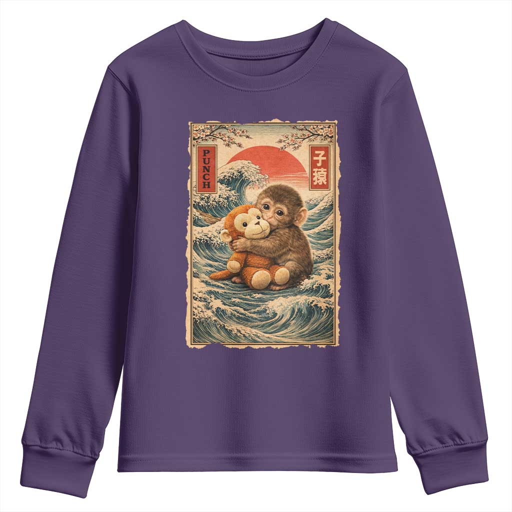 Kawaii Baby Monkey Punch Youth Sweatshirt Vintage Japanese Graphic Cute Macaque Ukiyo-e TS10 Purple Print Your Wear