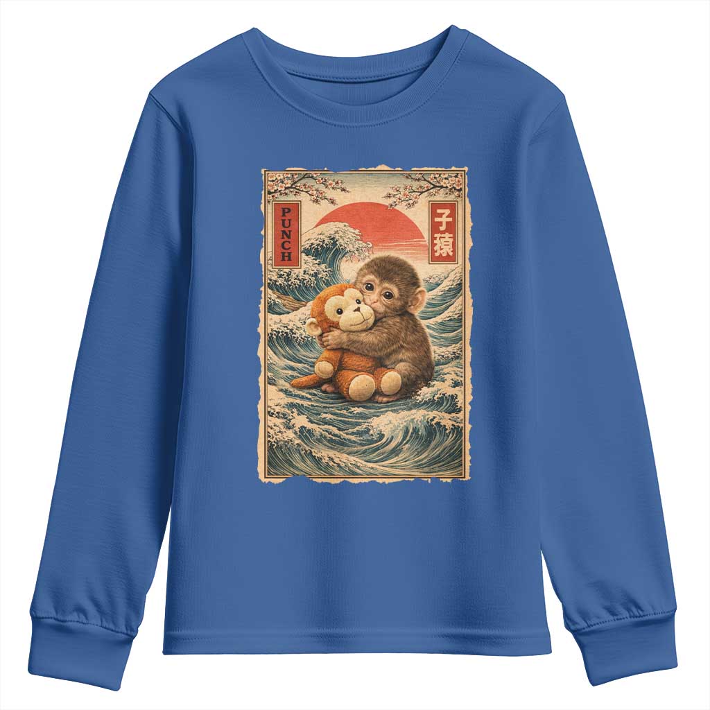 Kawaii Baby Monkey Punch Youth Sweatshirt Vintage Japanese Graphic Cute Macaque Ukiyo-e TS10 Royal Blue Print Your Wear