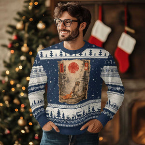 Vintage Japanese Baby Monkey Punch Ugly Christmas Sweater Kawaii Macaque Ukiyo-e Art Funny TS10 Navy Beige Print Your Wear