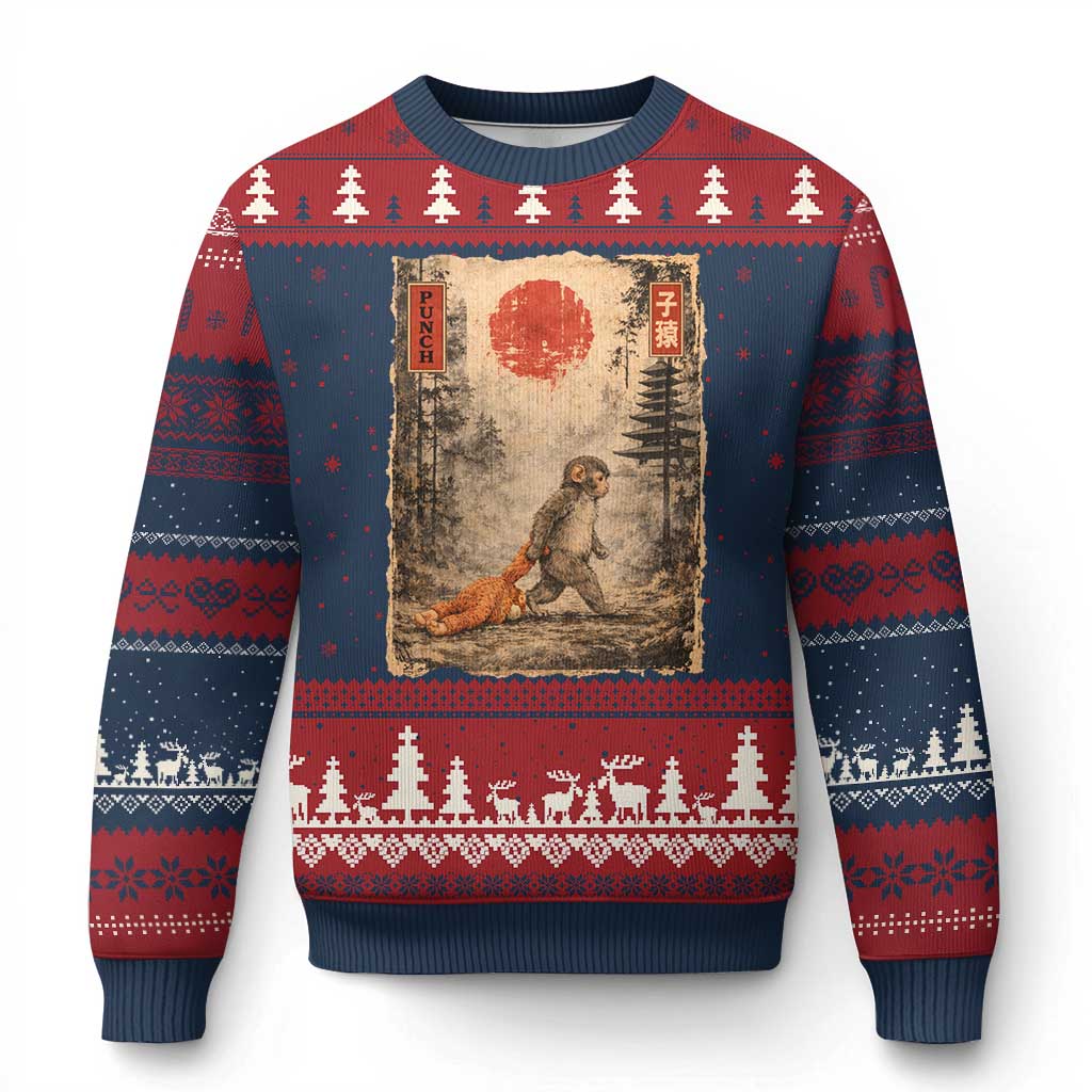Vintage Japanese Baby Monkey Punch Ugly Christmas Sweater Kawaii Macaque Ukiyo-e Art Funny TS10 Navy Red Print Your Wear