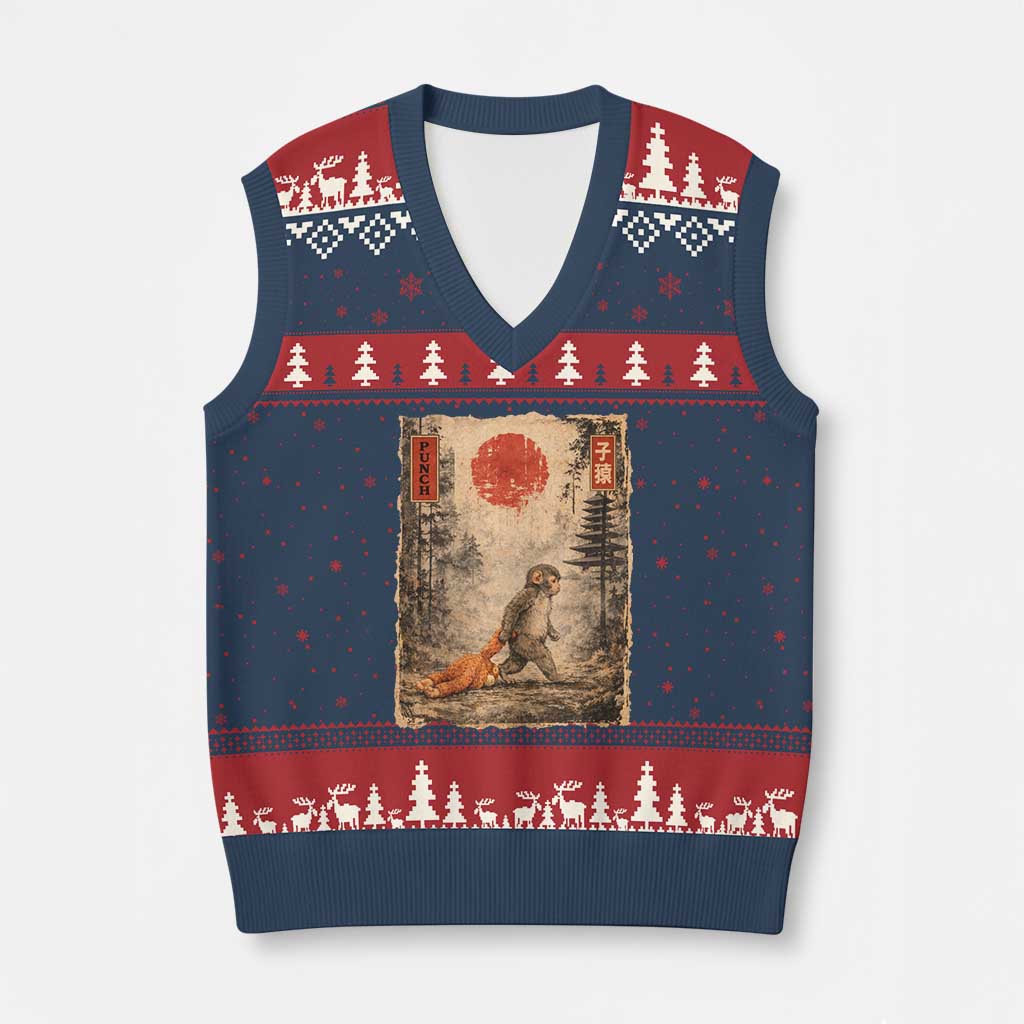 Vintage Japanese Baby Monkey Punch V-Neck Knit Sweater Vest Kawaii Macaque Ukiyo-e Art Funny TS10 Navy Red Print Your Wear