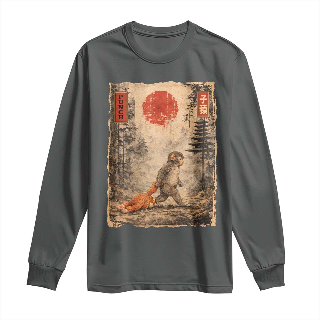 Vintage Japanese Baby Monkey Punch Long Sleeve Shirt Kawaii Macaque Ukiyo-e Art Funny TS10 Dark Heather Print Your Wear