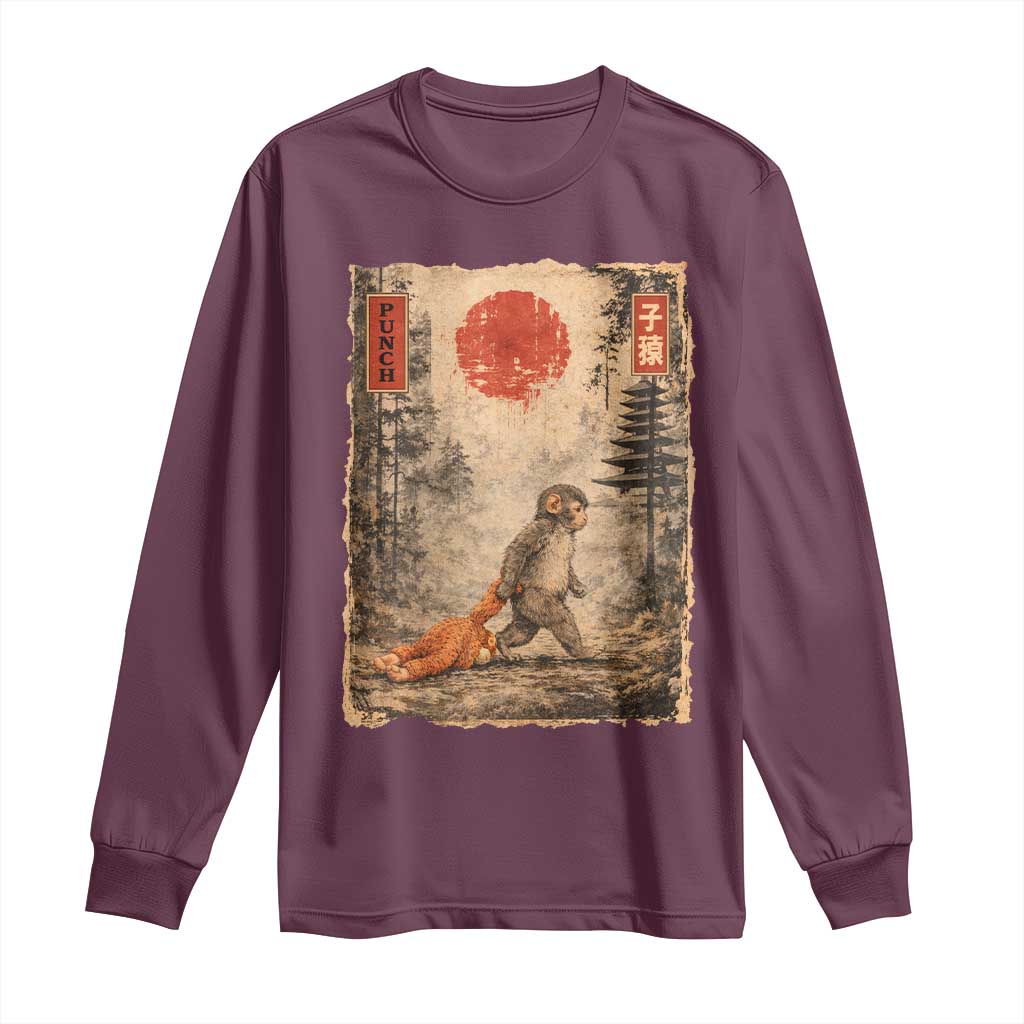 Vintage Japanese Baby Monkey Punch Long Sleeve Shirt Kawaii Macaque Ukiyo-e Art Funny TS10 Maroon Print Your Wear