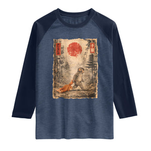 Vintage Japanese Baby Monkey Punch Raglan Shirt Kawaii Macaque Ukiyo-e Art Funny TS10 Heather Denim Navy Print Your Wear