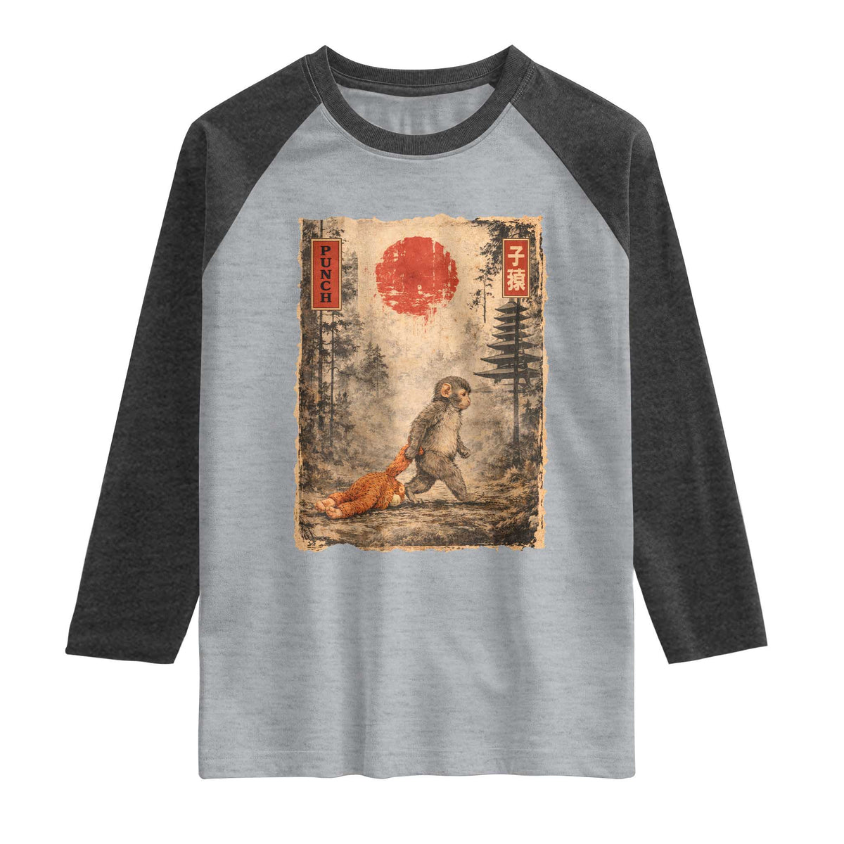 Vintage Japanese Baby Monkey Punch Raglan Shirt Kawaii Macaque Ukiyo-e Art Funny TS10 Heather Gray Heather Charcoal Print Your Wear
