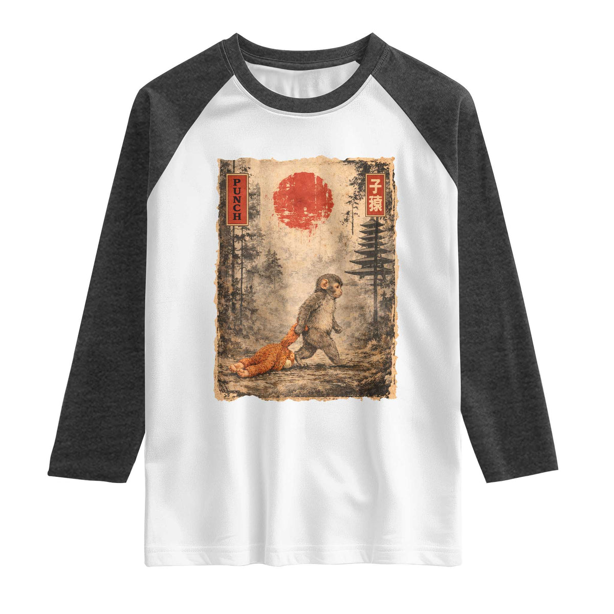 Vintage Japanese Baby Monkey Punch Raglan Shirt Kawaii Macaque Ukiyo-e Art Funny TS10 White Heather Charcoal Print Your Wear