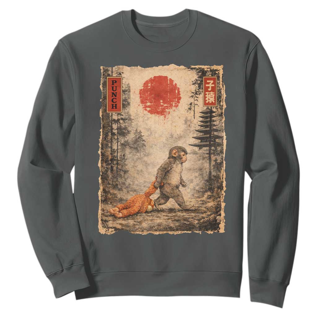 Vintage Japanese Baby Monkey Punch Sweatshirt Kawaii Macaque Ukiyo-e Art Funny TS10 Dark Heather Print Your Wear