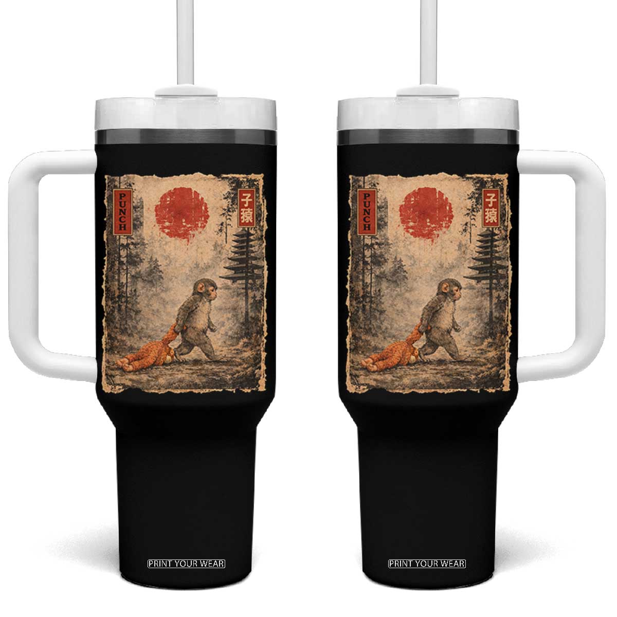 Vintage Japanese Baby Monkey Punch Tumbler With Handle Kawaii Macaque Ukiyo-e Art Funny TS10 One Size: 40 oz Black Print Your Wear