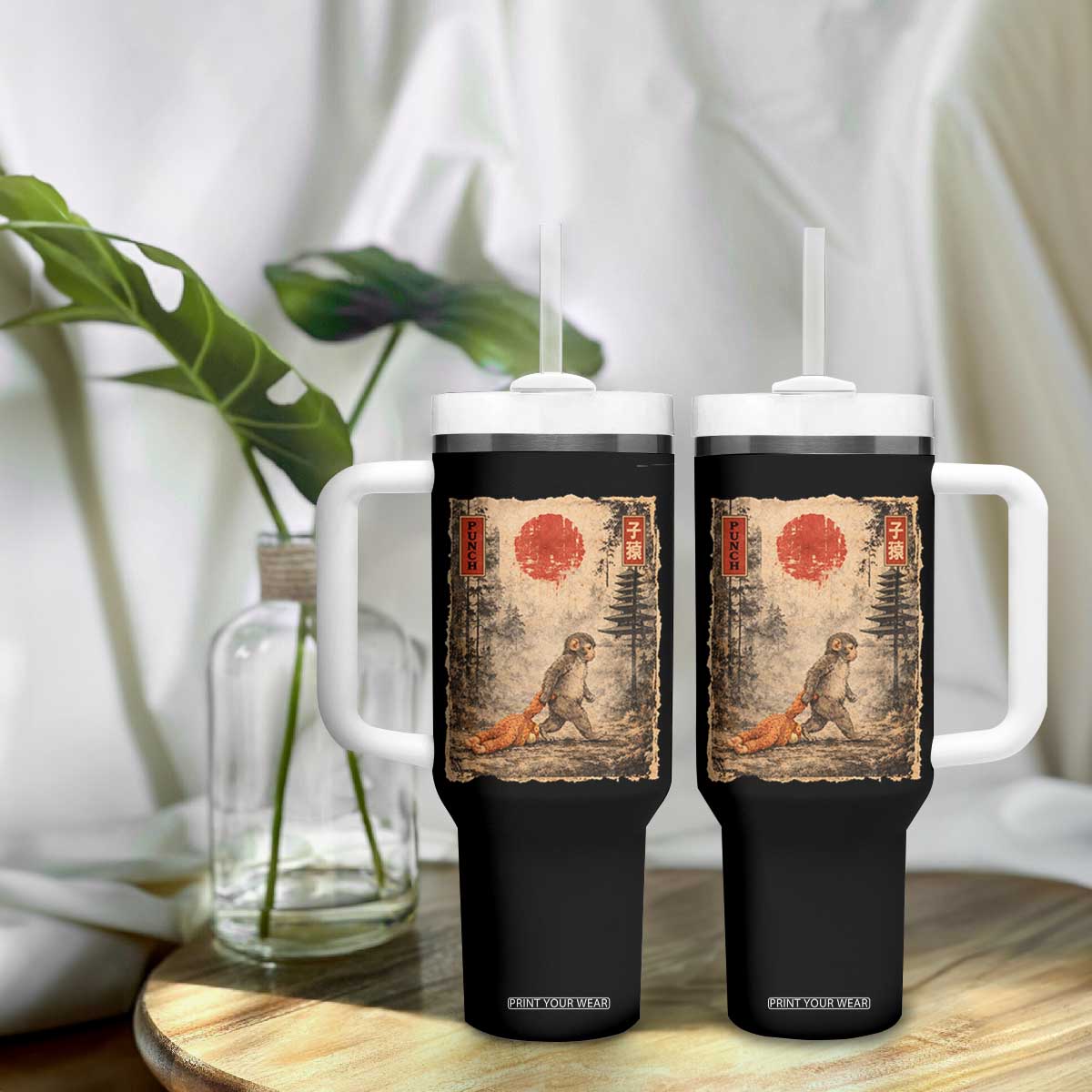Vintage Japanese Baby Monkey Punch Tumbler With Handle Kawaii Macaque Ukiyo-e Art Funny TS10 Print Your Wear