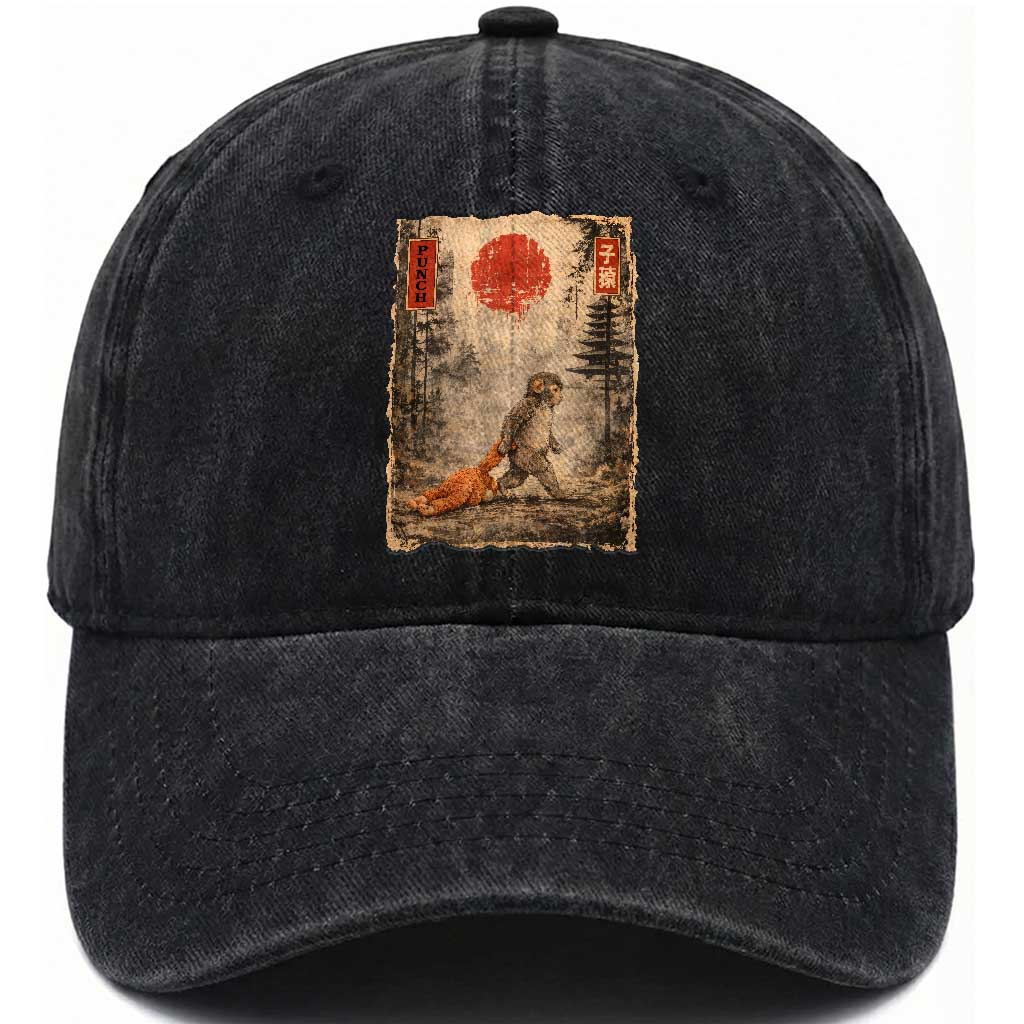 Vintage Japanese Baby Monkey Punch Washed Cotton Baseball Cap Kawaii Macaque Ukiyo-e Art Funny TS10 Print Your Wear