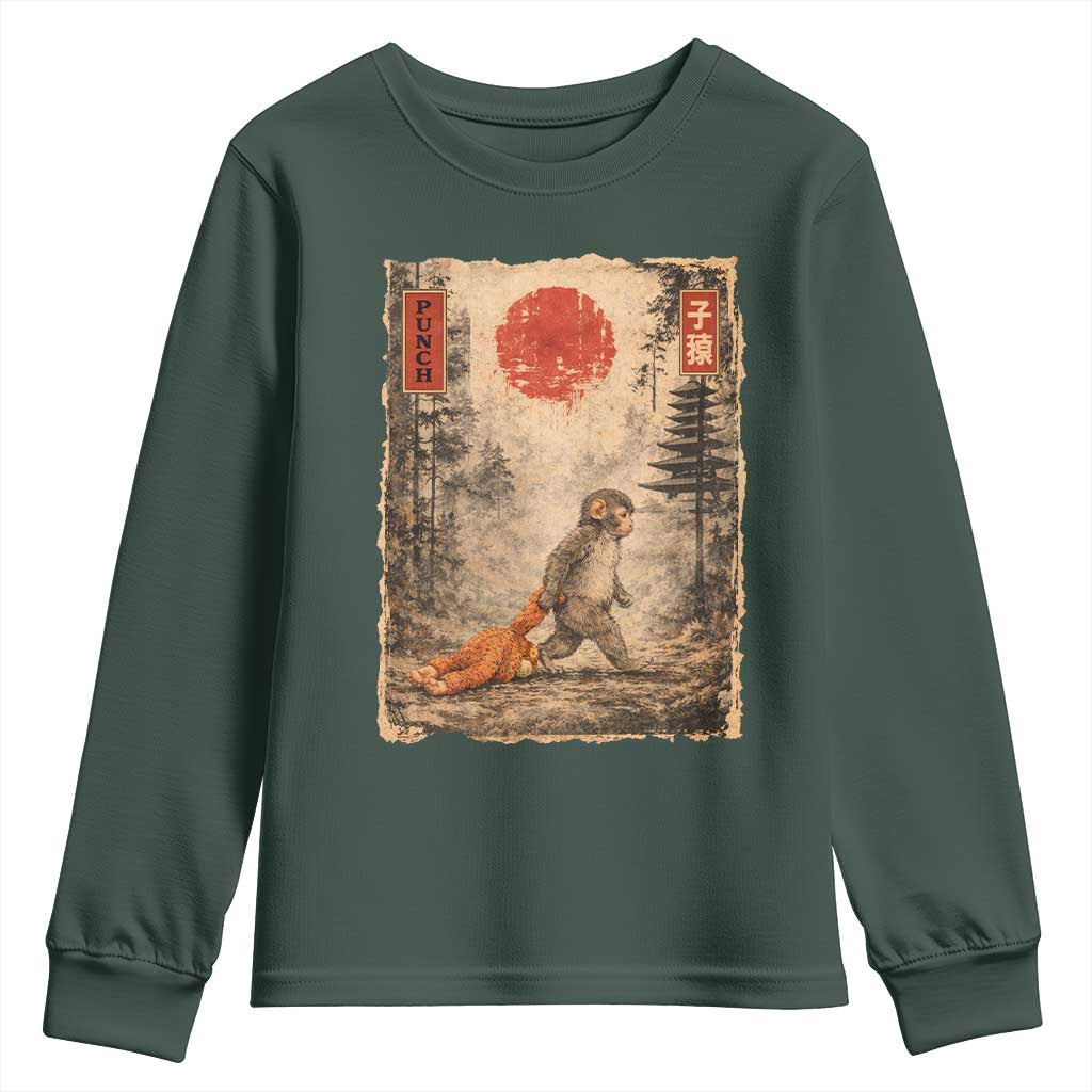 Vintage Japanese Baby Monkey Punch Youth Sweatshirt Kawaii Macaque Ukiyo-e Art Funny TS10 Dark Forest Green Print Your Wear