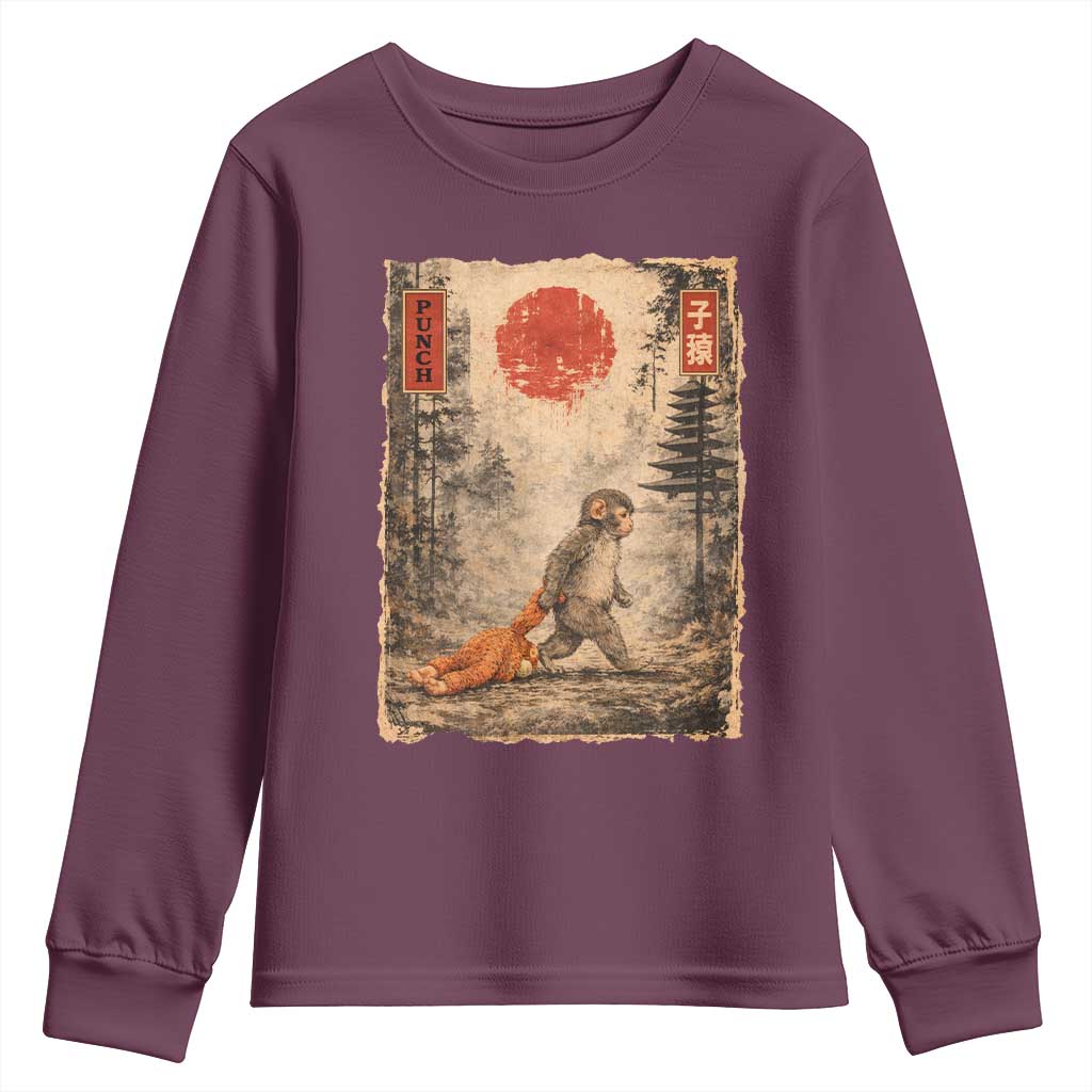 Vintage Japanese Baby Monkey Punch Youth Sweatshirt Kawaii Macaque Ukiyo-e Art Funny TS10 Maroon Print Your Wear