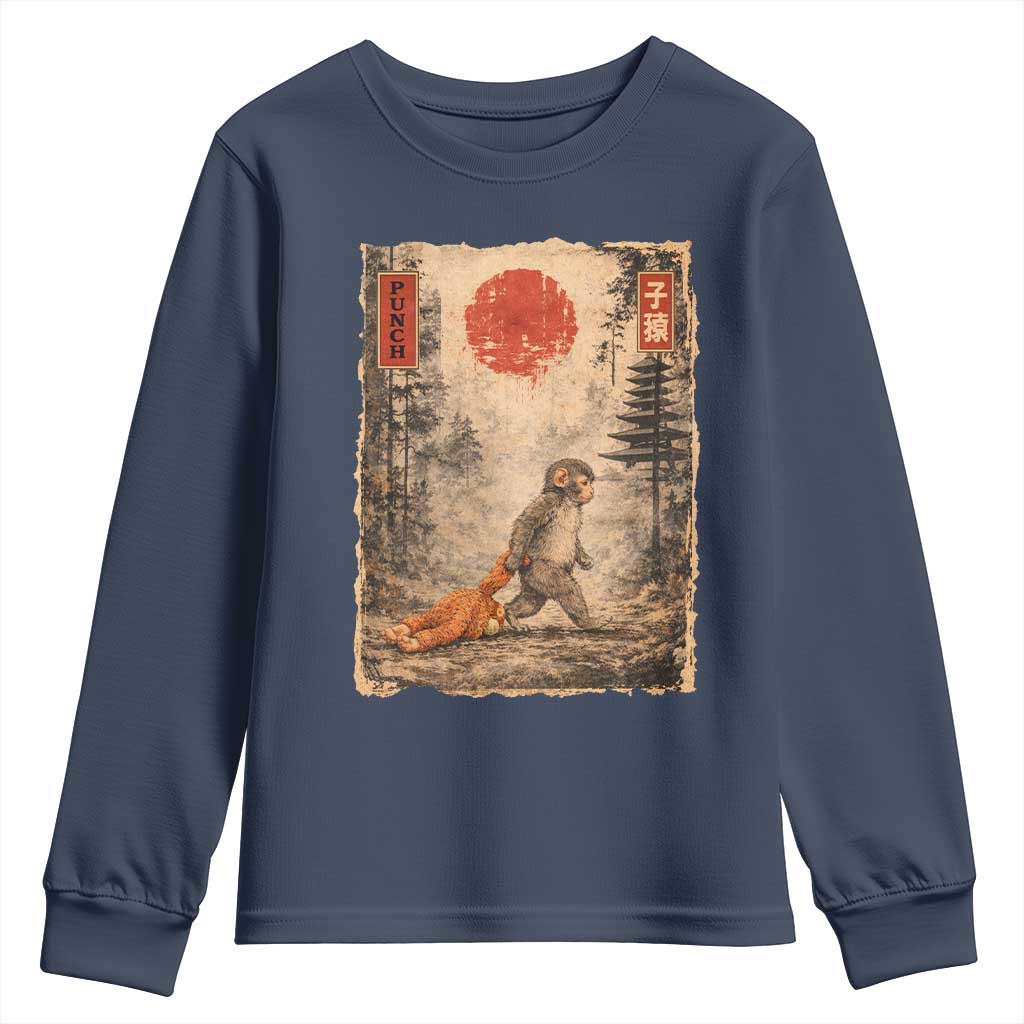 Vintage Japanese Baby Monkey Punch Youth Sweatshirt Kawaii Macaque Ukiyo-e Art Funny TS10 Navy Print Your Wear