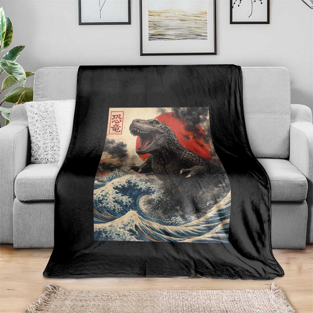 Japanese Dinosaur Throw Blanket Vintage Great Wave Monster Epic Giant Monster Ukiyo-e Style TS10 Print Your Wear