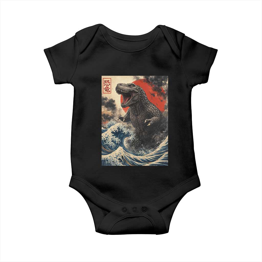 Japanese Dinosaur Baby Onesie Vintage Great Wave Monster Epic Giant Monster Ukiyo-e Style TS10 Black Print Your Wear
