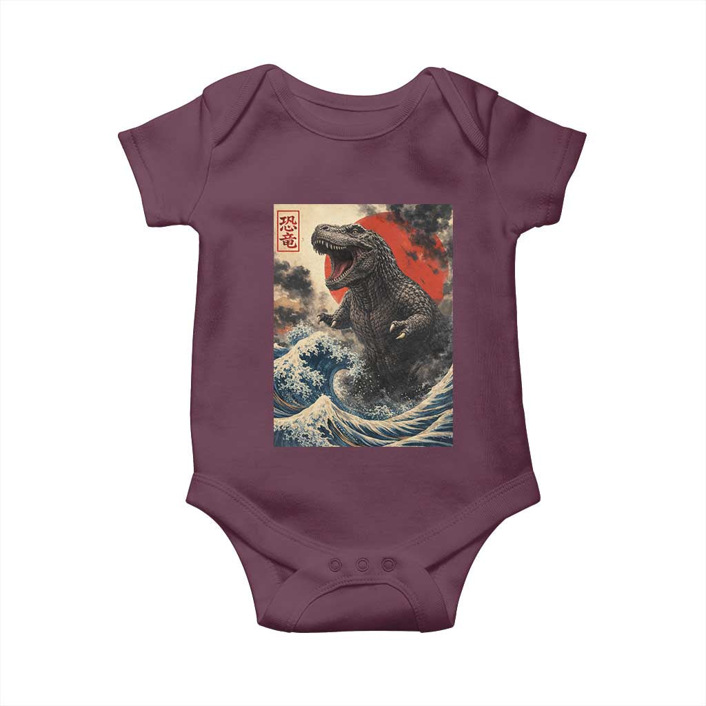 Japanese Dinosaur Baby Onesie Vintage Great Wave Monster Epic Giant Monster Ukiyo-e Style TS10 Maroon Print Your Wear