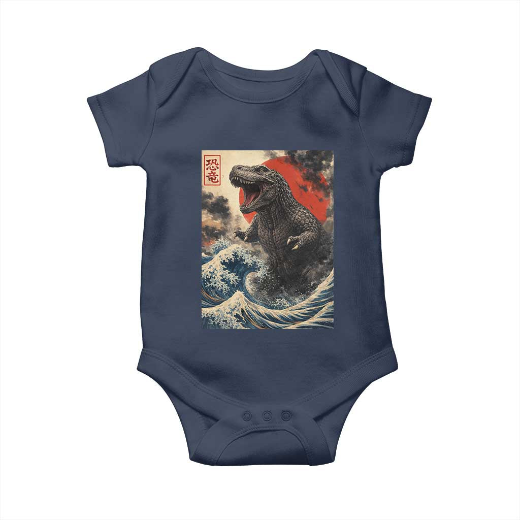 Japanese Dinosaur Baby Onesie Vintage Great Wave Monster Epic Giant Monster Ukiyo-e Style TS10 Navy Print Your Wear