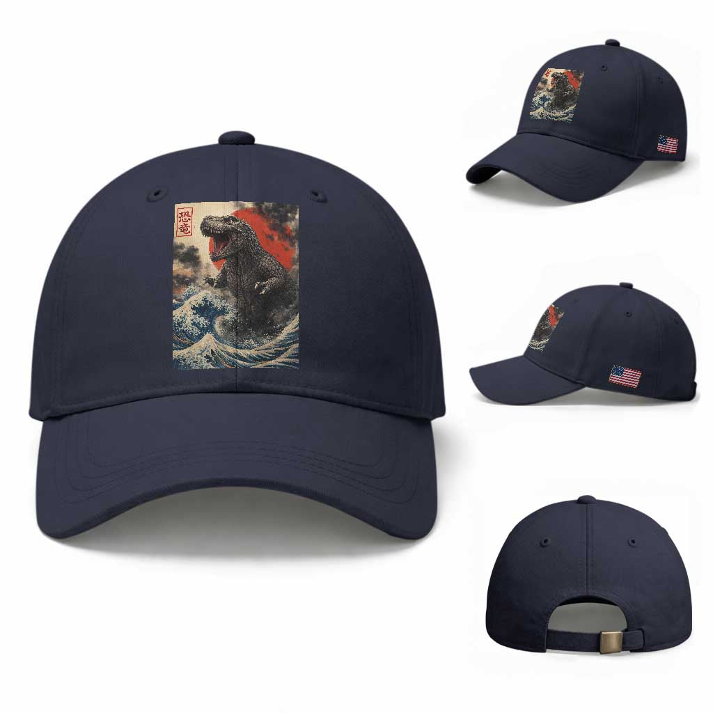 Japanese Dinosaur Baseball Cap Vintage Great Wave Monster Epic Giant Monster Ukiyo-e Style TS10 Baseball Cap Universal Fit Navy Print Your Wear
