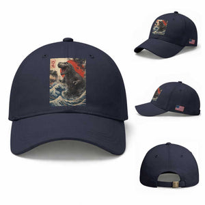 Japanese Dinosaur Baseball Cap Vintage Great Wave Monster Epic Giant Monster Ukiyo-e Style TS10 Baseball Cap Universal Fit Navy Print Your Wear