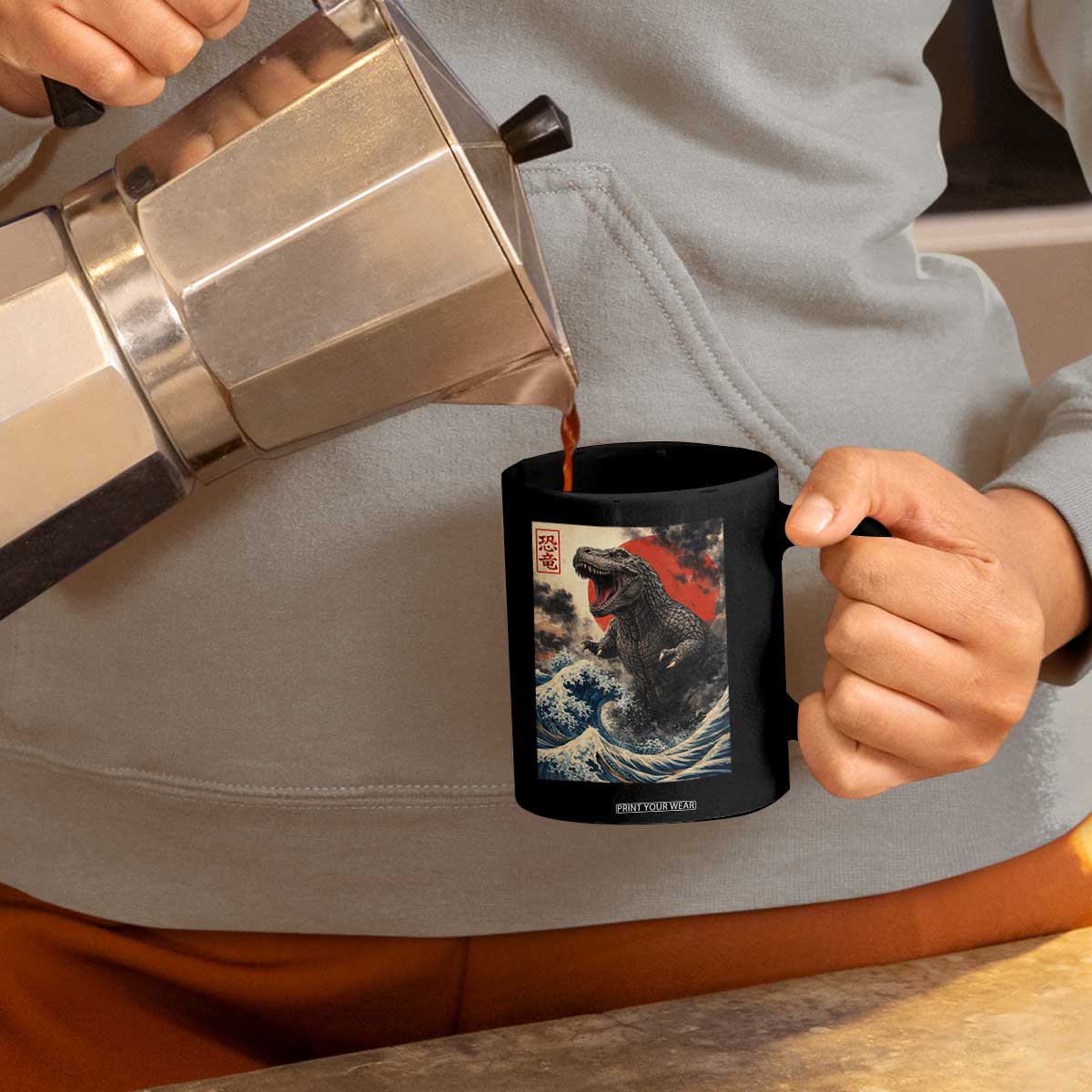 Japanese Dinosaur Coffee Mug Vintage Great Wave Monster Epic Giant Monster Ukiyo-e Style TS10 Print Your Wear