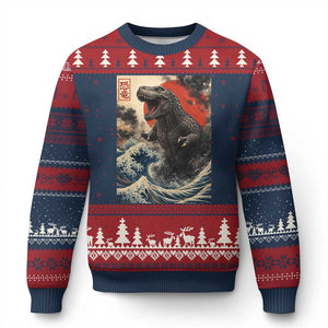 Japanese Dinosaur Ugly Christmas Sweater Vintage Great Wave Monster Epic Giant Monster Ukiyo-e Style TS10 Navy Red Print Your Wear