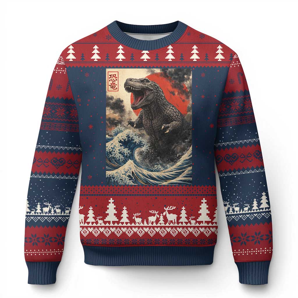 Japanese Dinosaur Ugly Christmas Sweater Vintage Great Wave Monster Epic Giant Monster Ukiyo-e Style TS10 Navy Red Print Your Wear