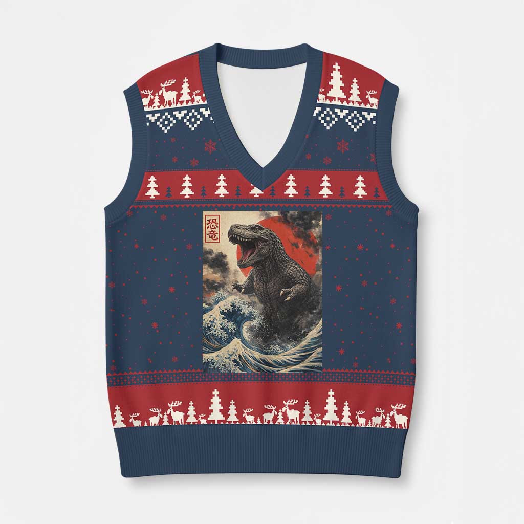 Japanese Dinosaur V-Neck Knit Sweater Vest Vintage Great Wave Monster Epic Giant Monster Ukiyo-e Style TS10 Navy Red Print Your Wear