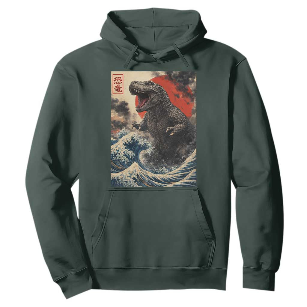 Japanese Dinosaur Hoodie Vintage Great Wave Monster Epic Giant Monster Ukiyo-e Style TS10 Dark Forest Green Print Your Wear