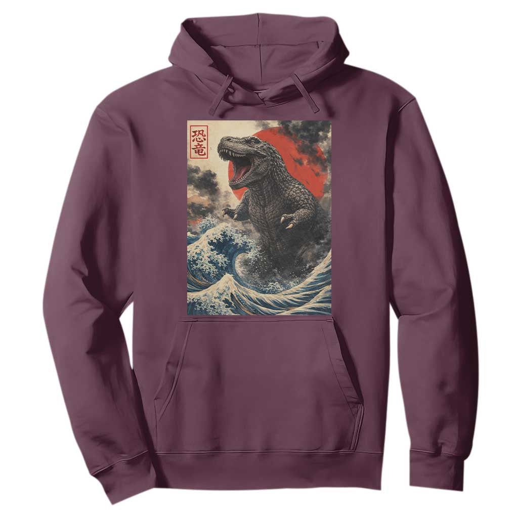 Japanese Dinosaur Hoodie Vintage Great Wave Monster Epic Giant Monster Ukiyo-e Style TS10 Maroon Print Your Wear