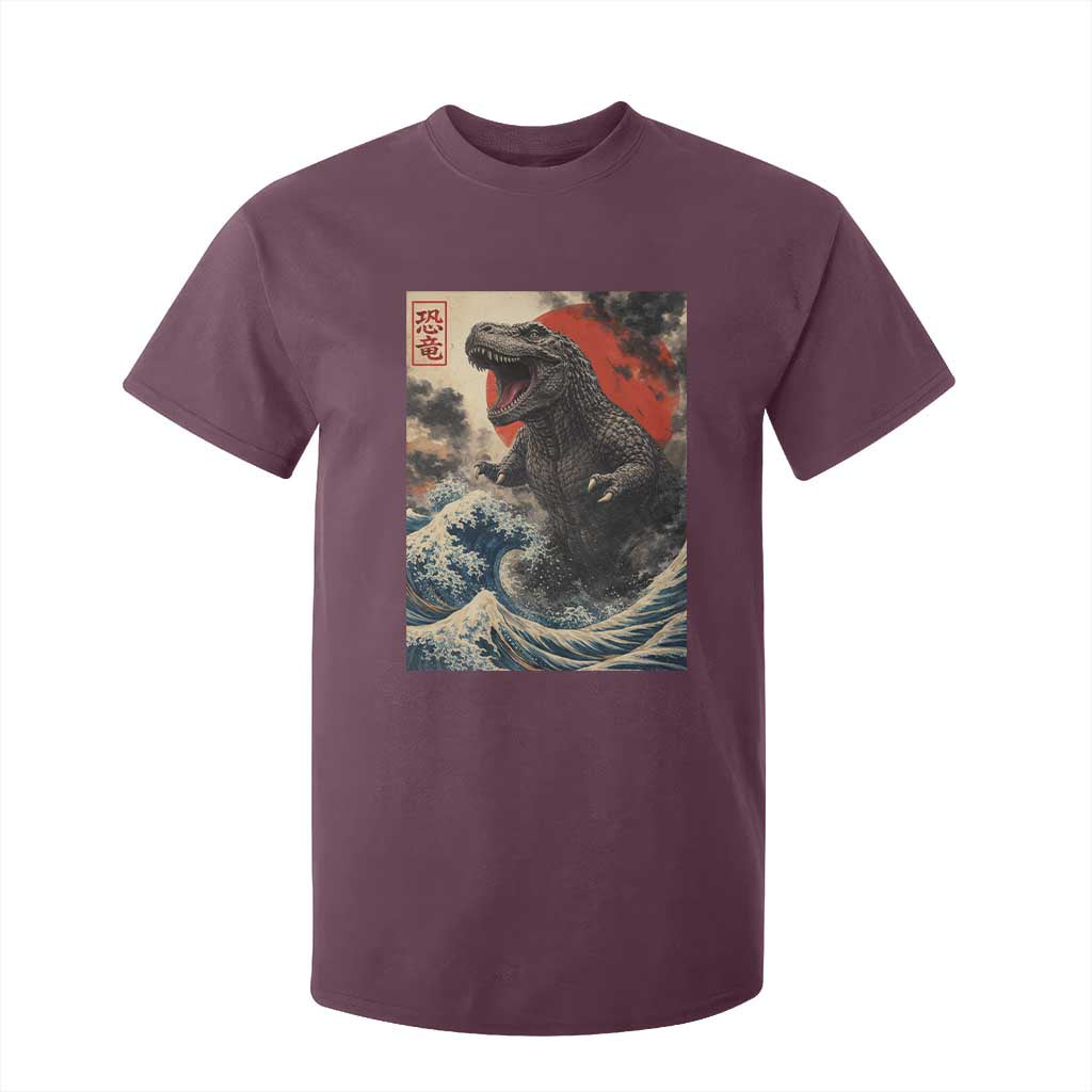 Japanese Dinosaur T Shirt For Kid Vintage Great Wave Monster Epic Giant Monster Ukiyo-e Style TS10 Maroon Print Your Wear