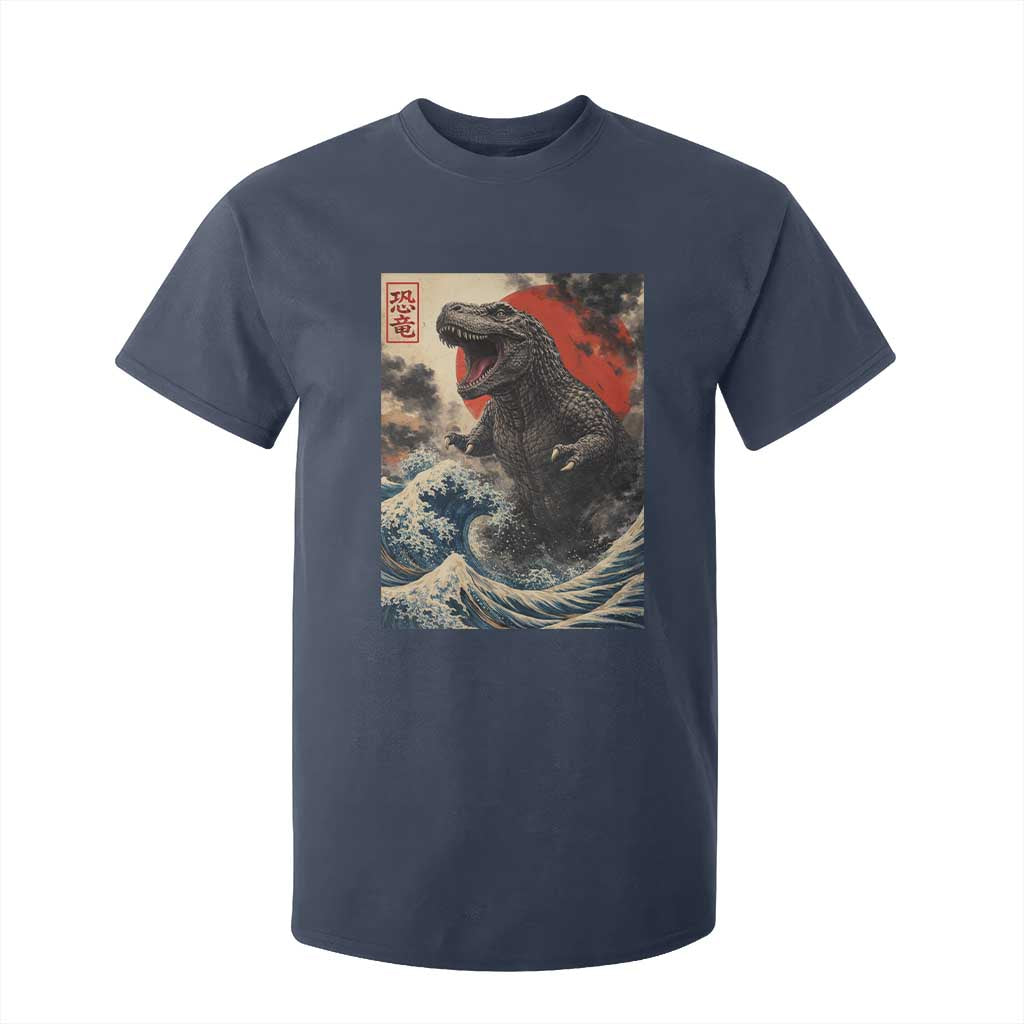 Japanese Dinosaur T Shirt For Kid Vintage Great Wave Monster Epic Giant Monster Ukiyo-e Style TS10 Navy Print Your Wear