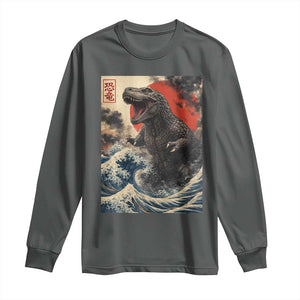 Japanese Dinosaur Long Sleeve Shirt Vintage Great Wave Monster Epic Giant Monster Ukiyo-e Style TS10 Dark Heather Print Your Wear