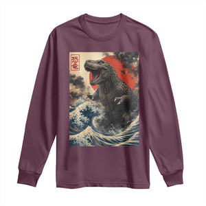 Japanese Dinosaur Long Sleeve Shirt Vintage Great Wave Monster Epic Giant Monster Ukiyo-e Style TS10 Maroon Print Your Wear