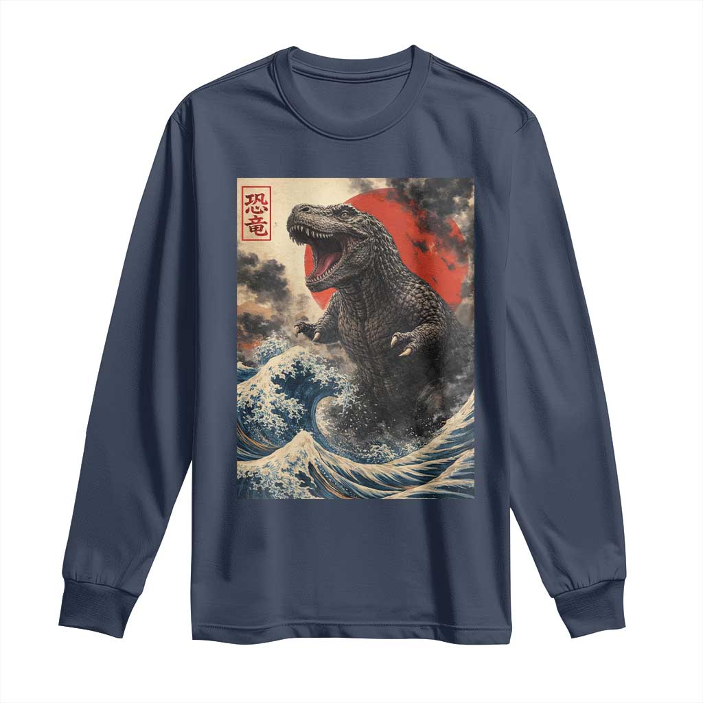 Japanese Dinosaur Long Sleeve Shirt Vintage Great Wave Monster Epic Giant Monster Ukiyo-e Style TS10 Navy Print Your Wear